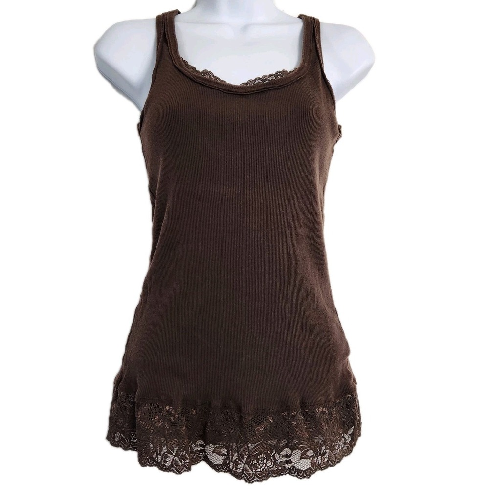 Vanity Brown Ribbed Lace Trim Tank Top Womens Size Medium Y2K Boho Layering Cami